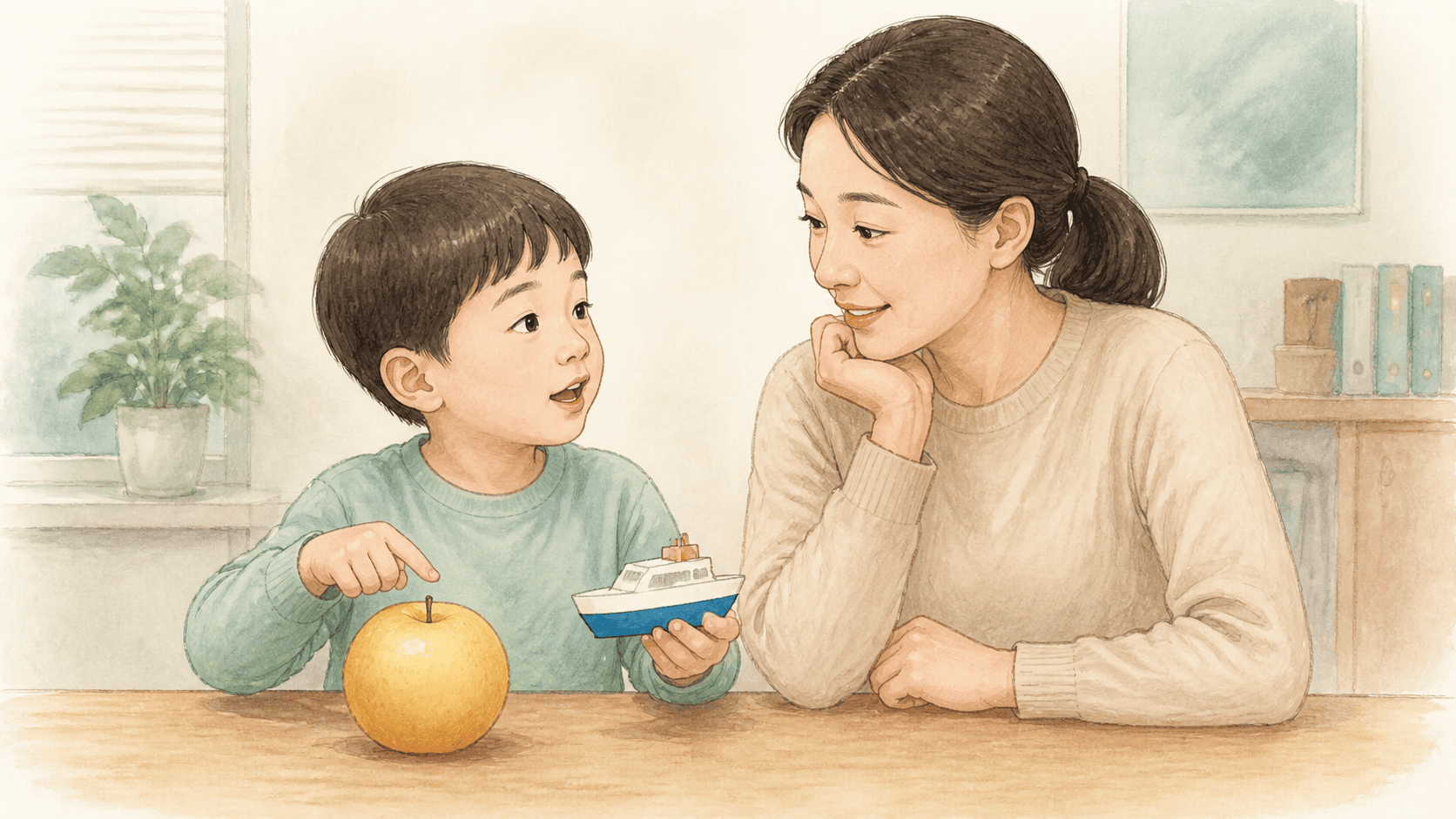 아이가 과일 배와 선박 그림을 비교하며 같은 낱말의 두 뜻을 생각하는 그림