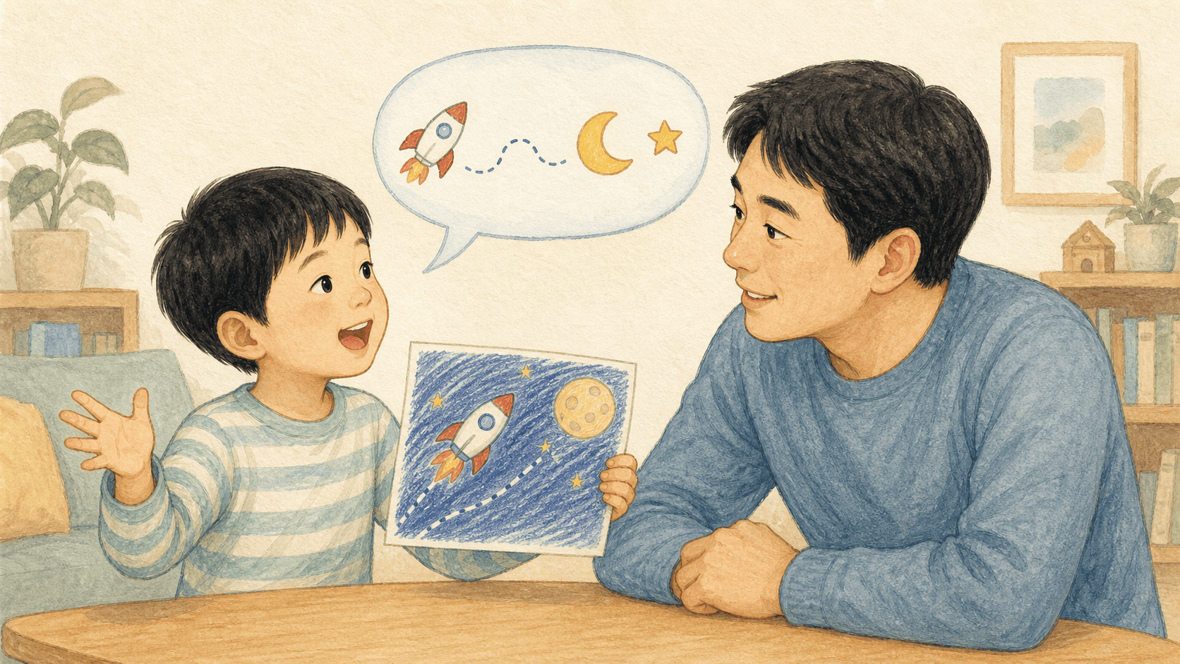 그림 속 우주 이야기를 아빠에게 말하는 아이