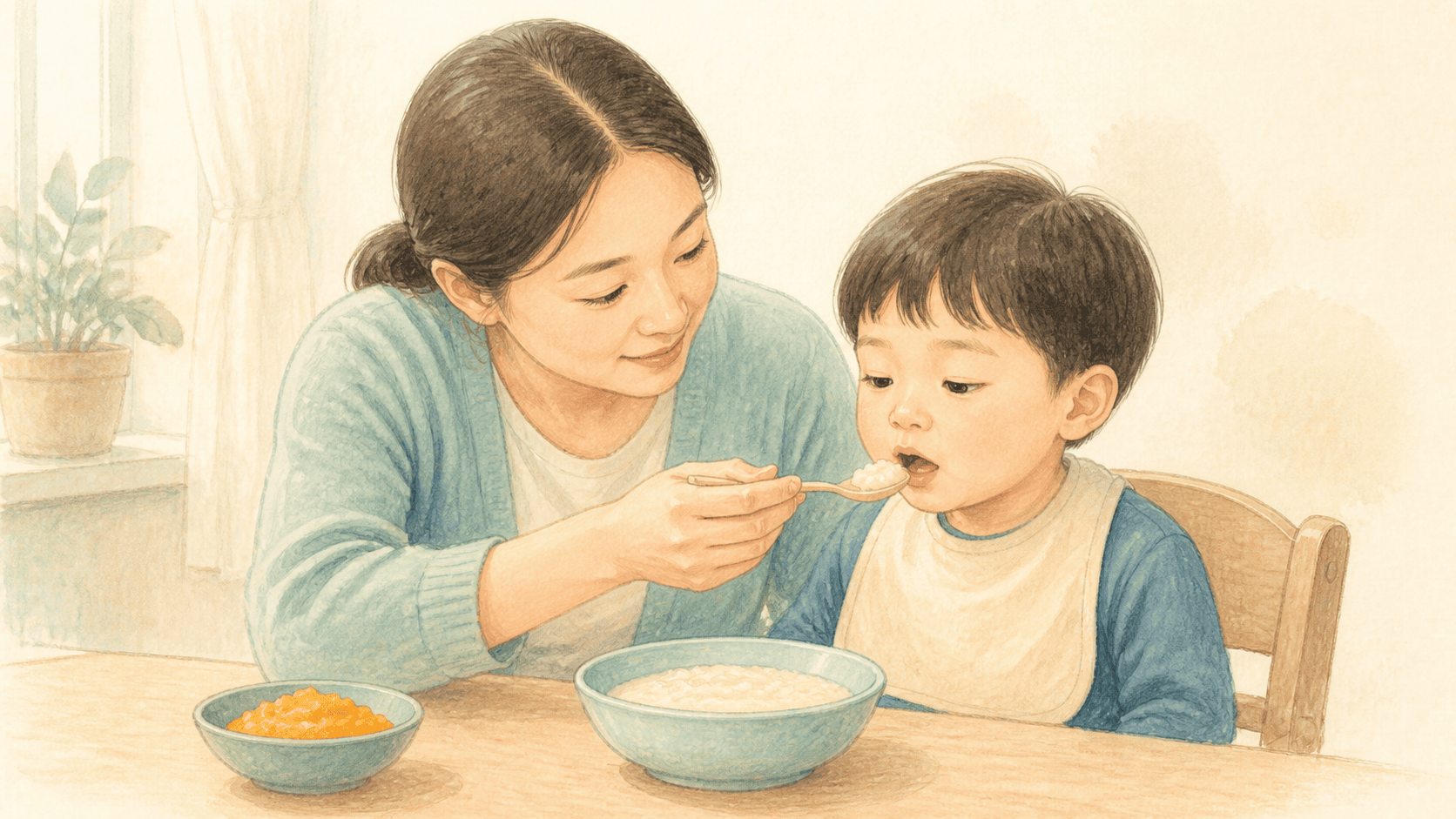 식탁에 앉은 아이와 보호자, 숟가락과 컵 및 입에서 목으로 이어지는 삼킴 경로 그림