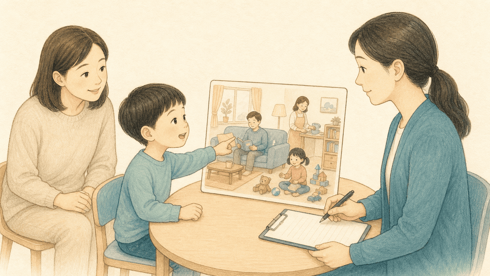 평가자가 그림 과제를 제시하고 보호자와 함께 아이의 이해와 말하기 반응을 관찰하는 언어평가 2D 의료 일러스트