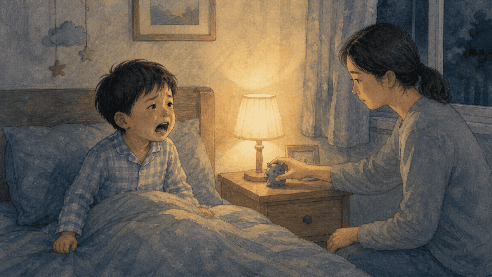 깊은 잠에서 비명을 지르는 아이 곁을 지키는 보호자