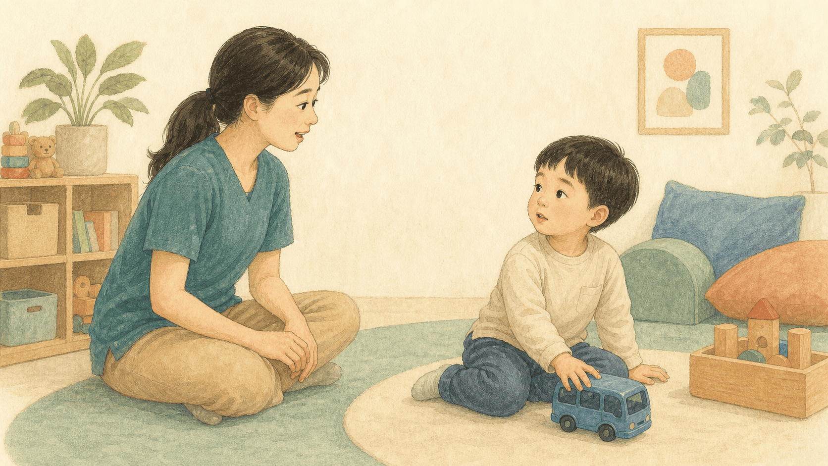 놀이 중 이름을 듣고 치료사를 바라보는 아이
