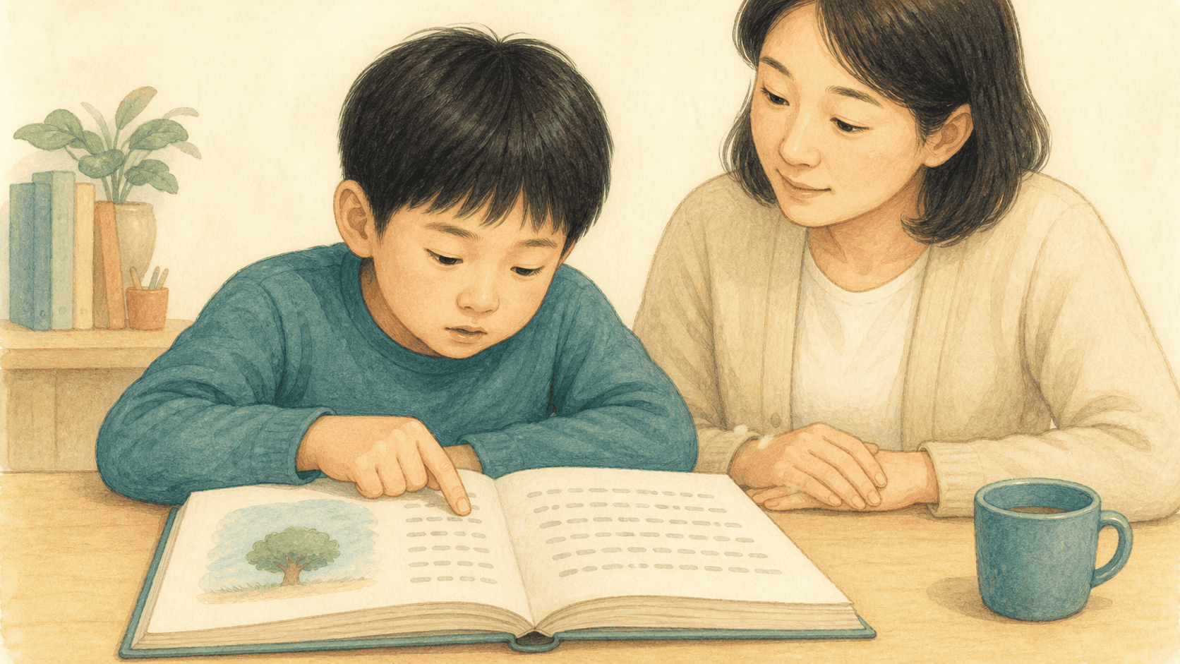 아이가 책의 단어를 소리 단위와 연결하며 천천히 읽는 모습을 보여 주는 그림