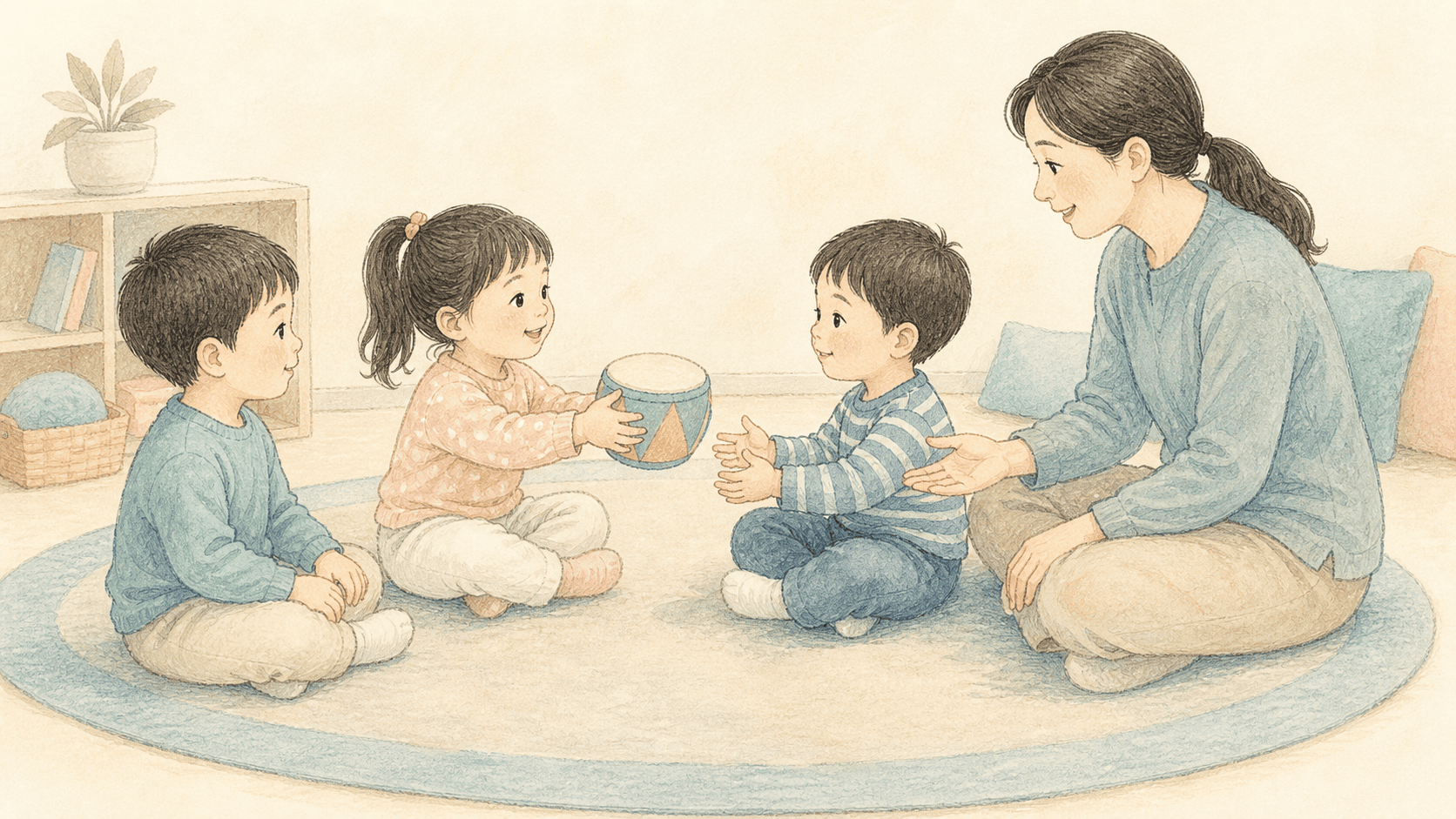 치료사와 아이들이 차례를 나누는 그룹치료 장면