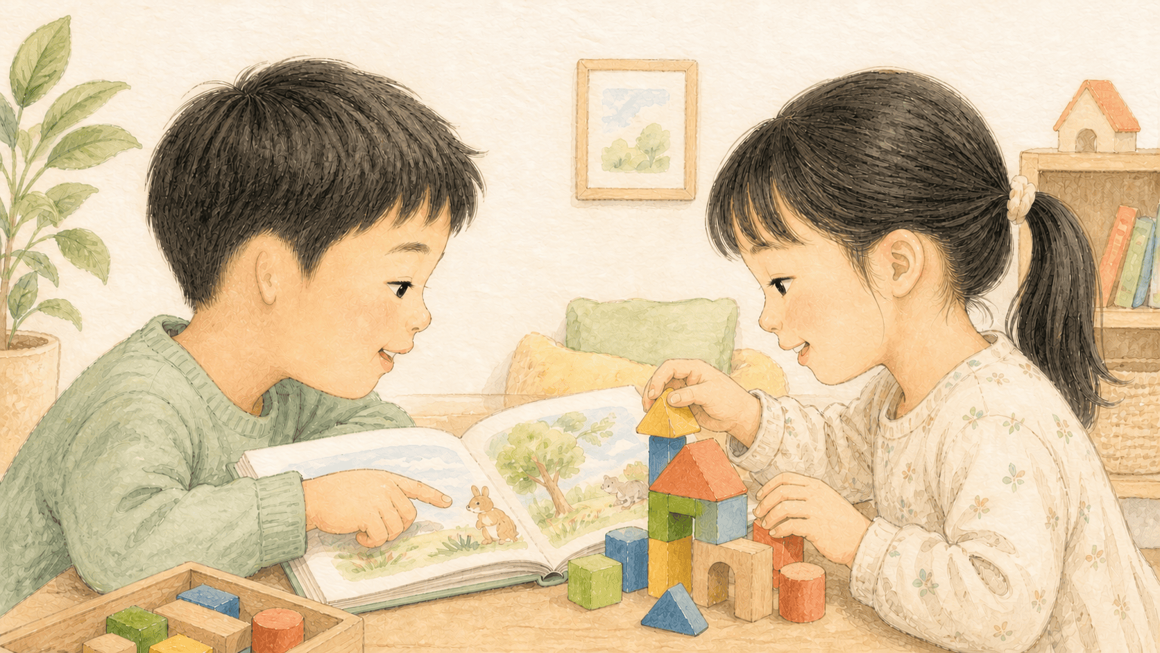 서로 다른 선천성 외이 구조를 가진 아이들이 함께 그림책을 보는 모습