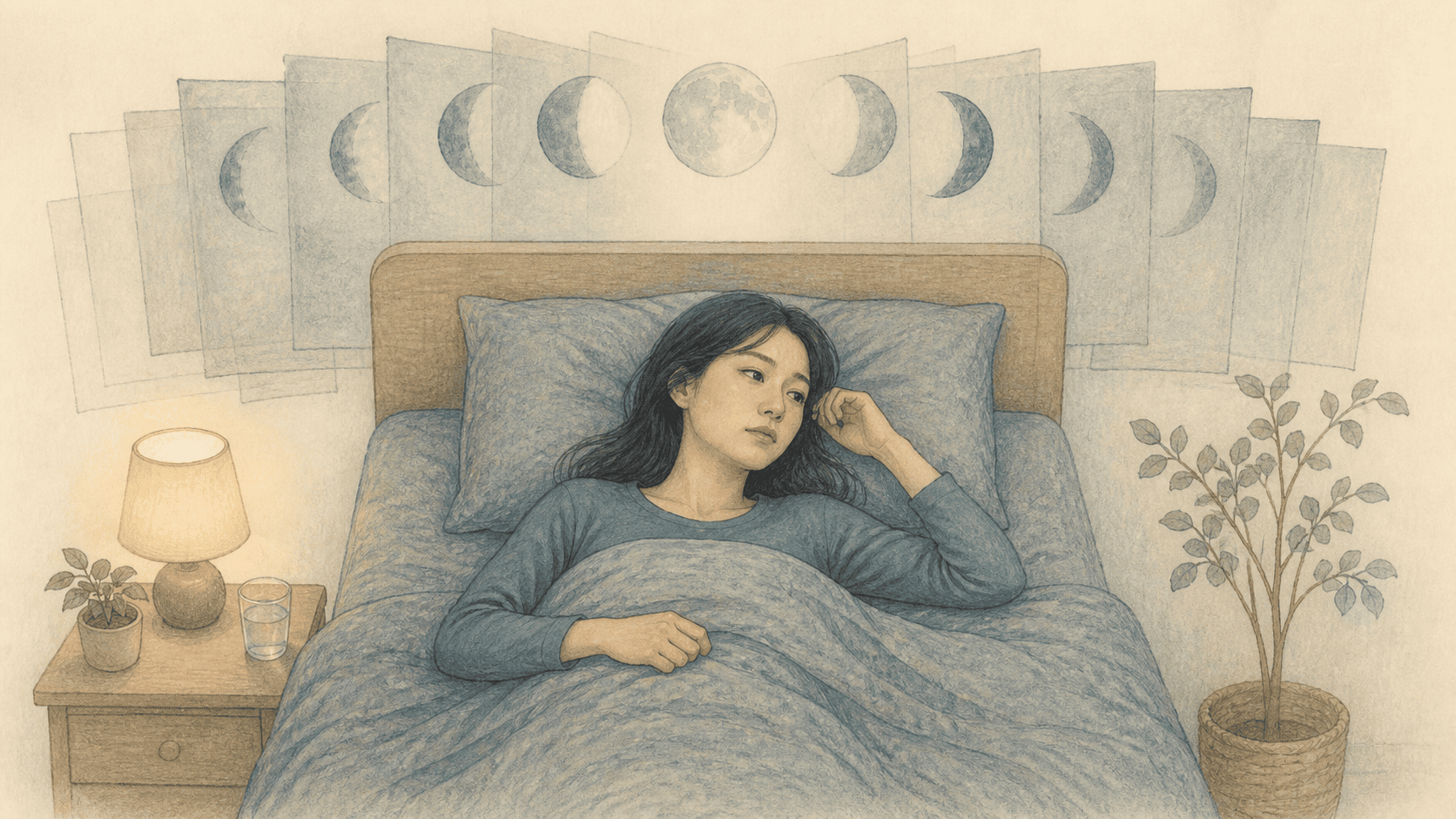 여러 밤 반복해서 뒤척이는 성인을 보여주는 그림
