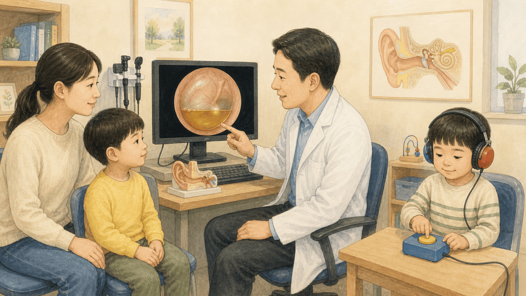 귀 내시경과 소아 청력검사로 만성 중이액을 추적하는 모습