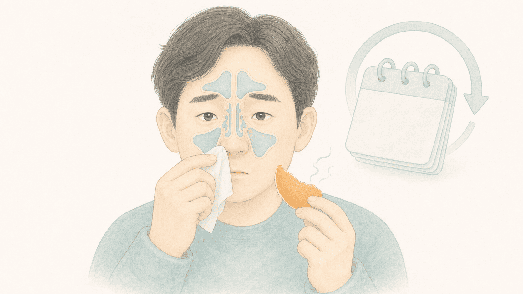 코막힘과 후각 저하가 오래 이어지는 모습을 부비동 위치와 겹친 달력으로 보여주는 만성 비부비동염 환자