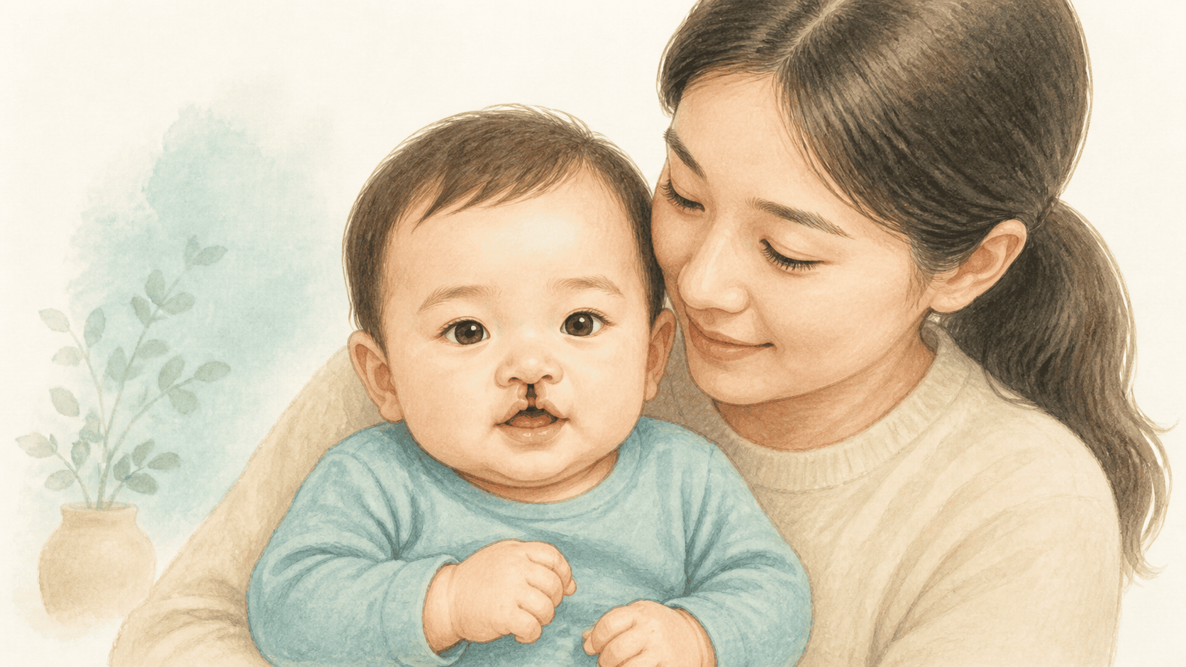 영아의 윗입술과 입천장에서 구순열과 구개열 위치를 나누어 보여 주는 그림