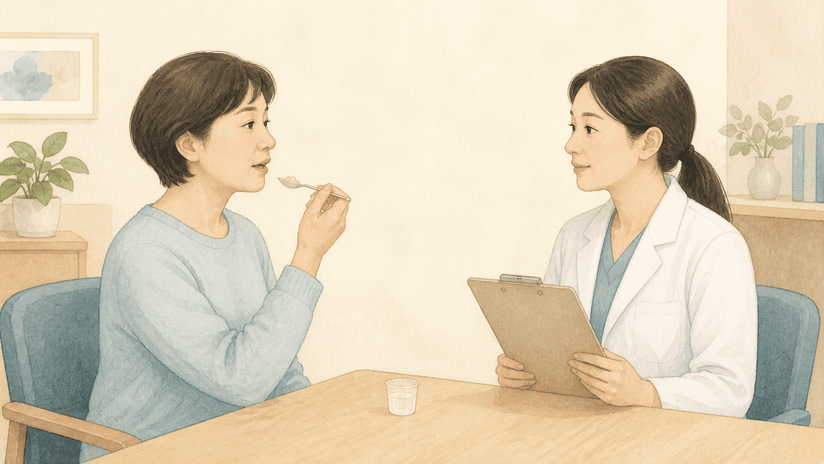 의료진이 앉은 환자의 삼킴을 평가하는 장면