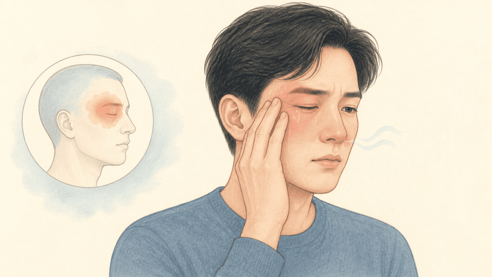 한쪽 눈 주변의 심한 통증과 눈물을 표현한 군발두통 이미지