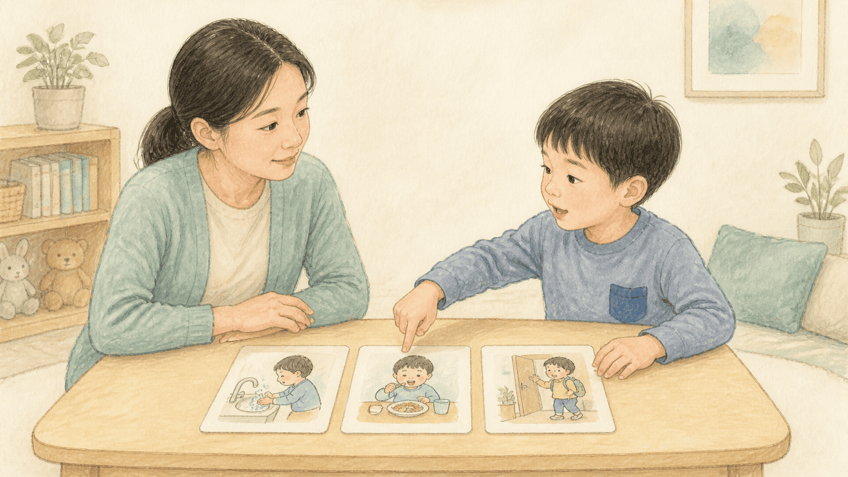 이야기 순서를 함께 맞추는 언어인지치료 장면