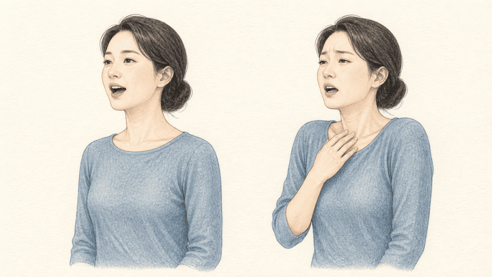 같은 성인이 편안하게 말할 때와 목과 어깨에 힘을 주어 말할 때의 자세 비교
