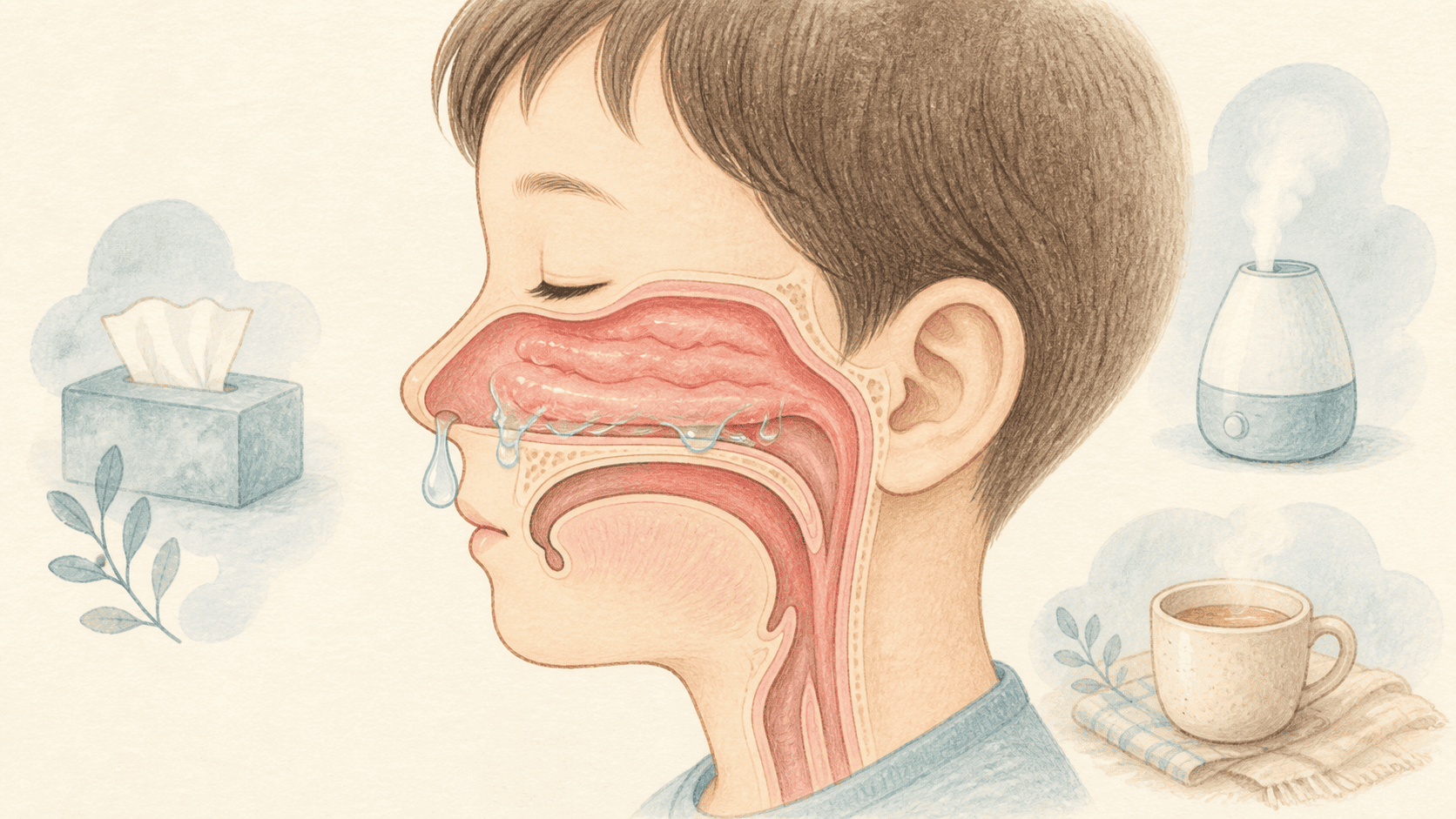 코 점막이 붓고 맑은 콧물이 흐르는 코감기 그림