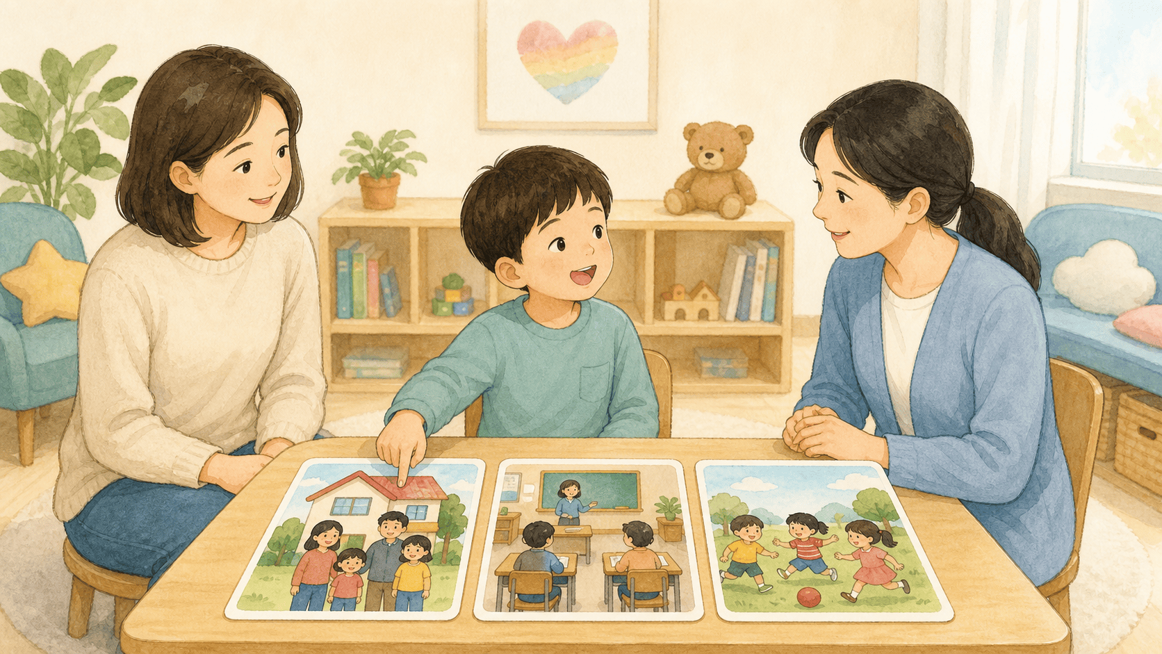 치료사가 아이의 이야기와 여러 상황의 말 흐름 및 생활 영향을 함께 살피는 모습