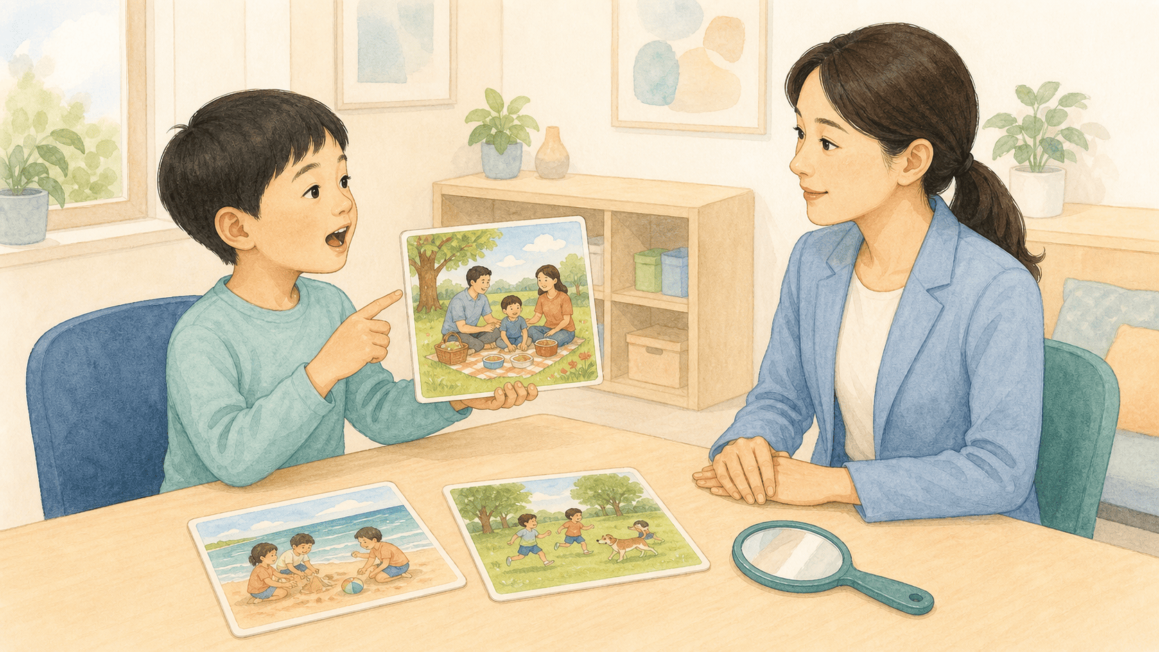 치료사가 호흡과 목소리, 입술 및 혀 움직임과 실제 말명료도를 함께 살피는 모습