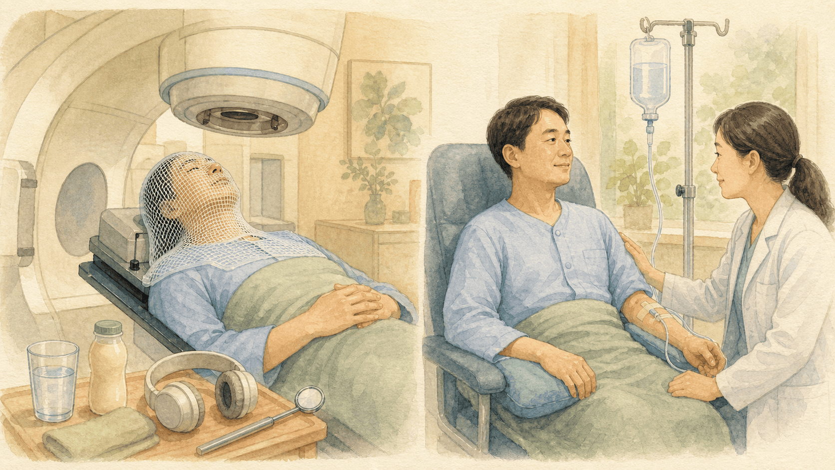 항암제 투여와 머리 목 방사선치료를 함께 계획한 그림