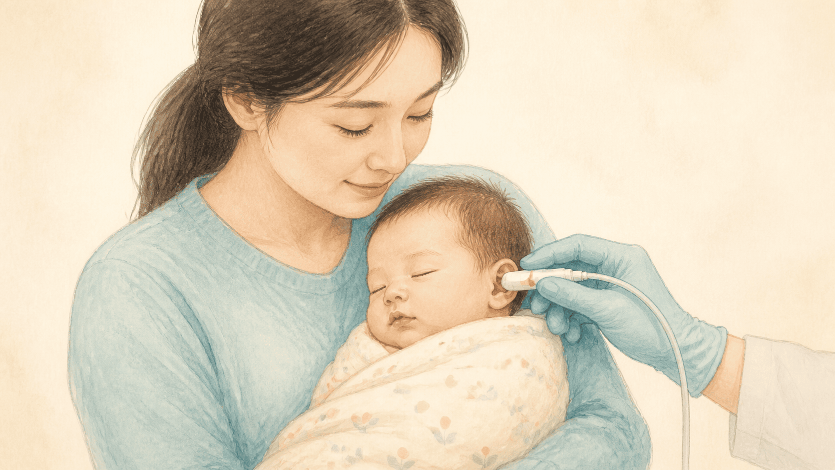 신생아와 귀의 청각 경로를 함께 보여 주는 선천성 난청 그림
