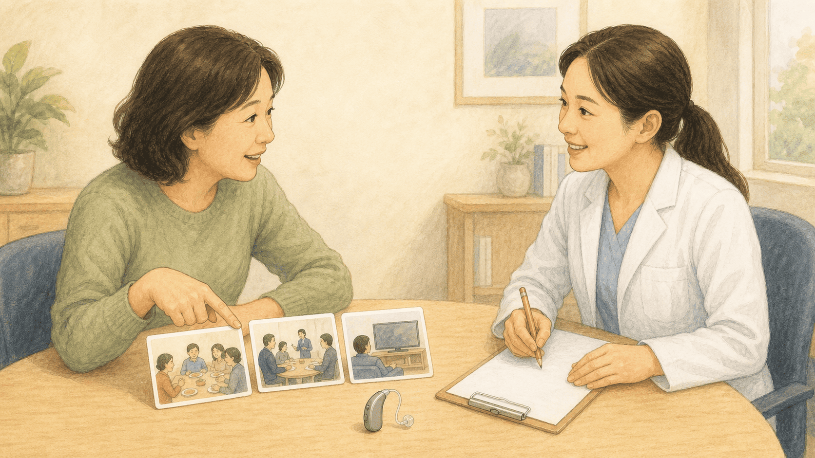 보청기를 탁자에 두고 중요한 듣기 상황을 함께 정하는 성인과 청각 전문가