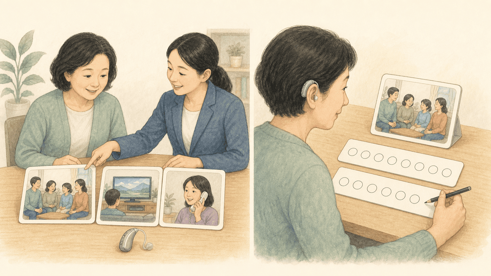 같은 듣기 목표를 정한 뒤 보청기 착용 후 변화와 최종 듣기 능력을 따로 확인하는 장면