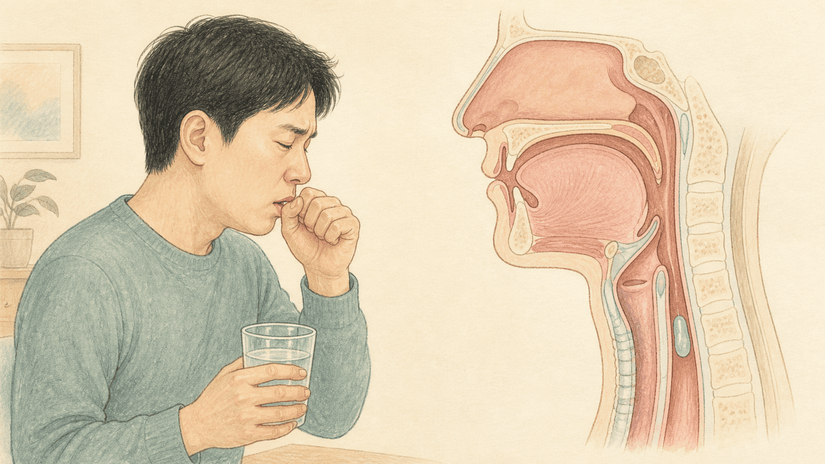 물을 삼키다 기침하는 사레와 기도 보호 반응