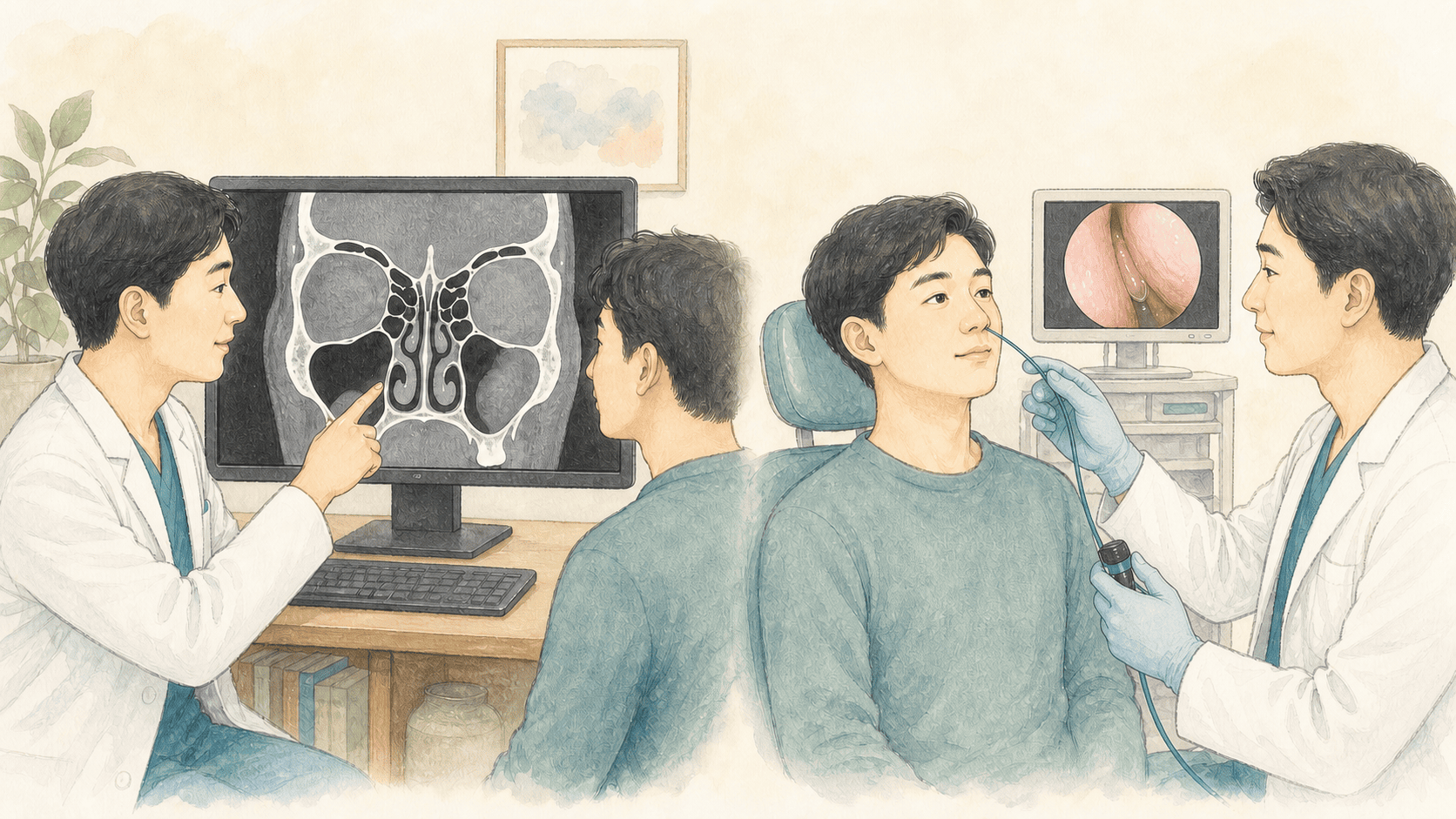 부비동 CT와 비강내시경으로 서로 다른 범위를 확인하는 모습