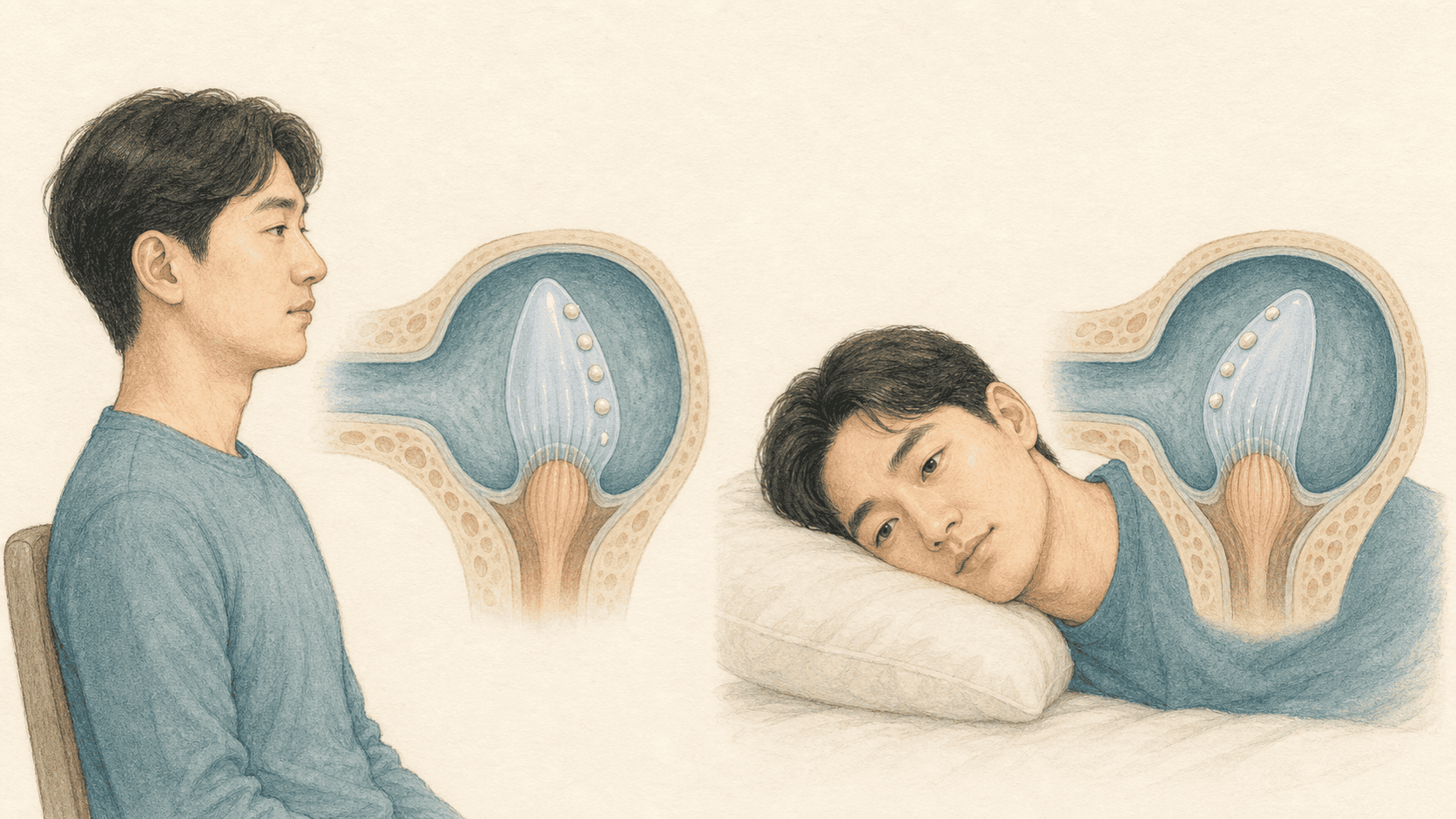 서로 다른 두 머리 자세에서 수평반고리관 팽대부릉정과 부착 이석이 함께 기울어진 모습