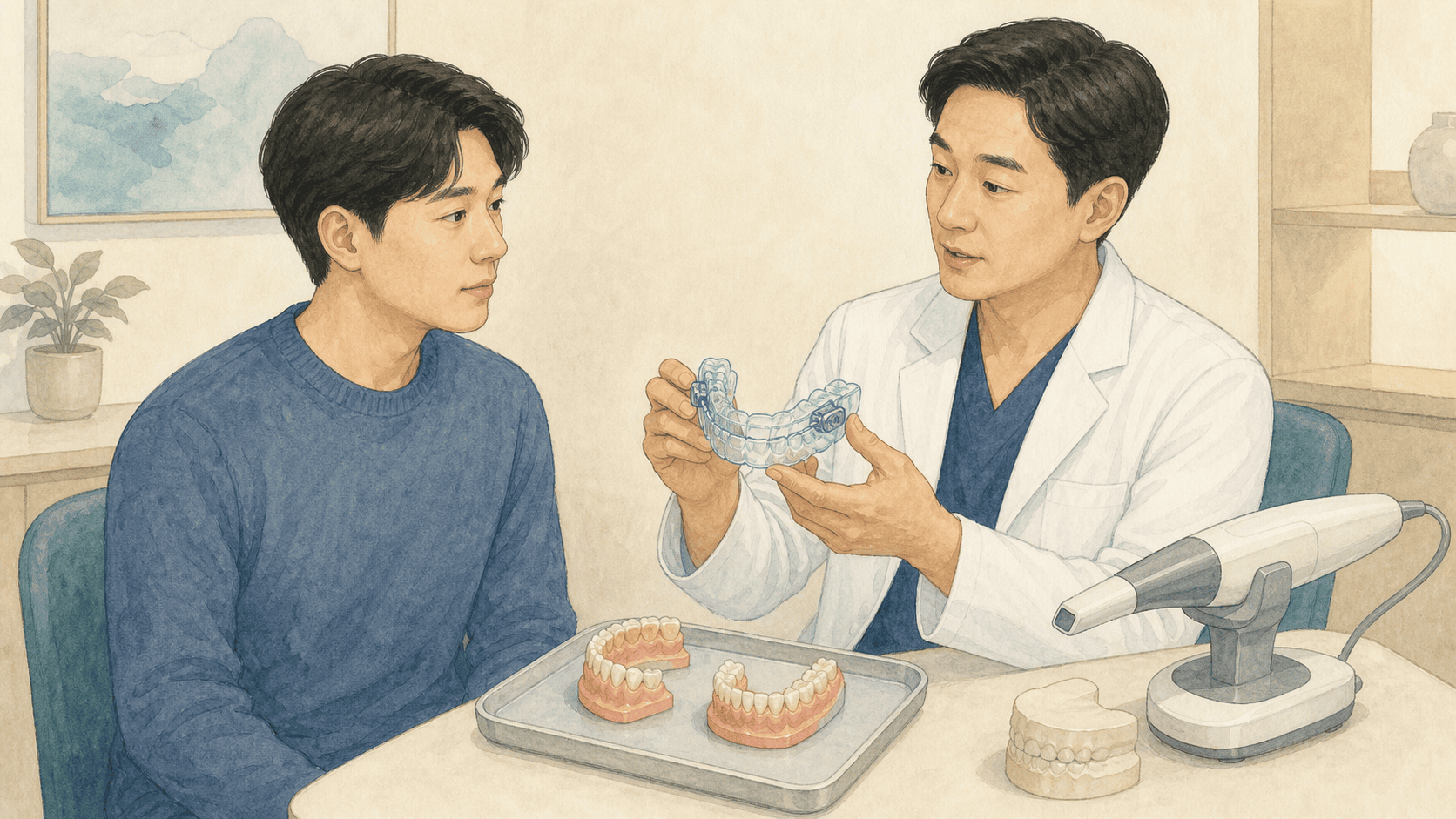 치아 본과 맞춤형 구강내장치를 확인하는 장면