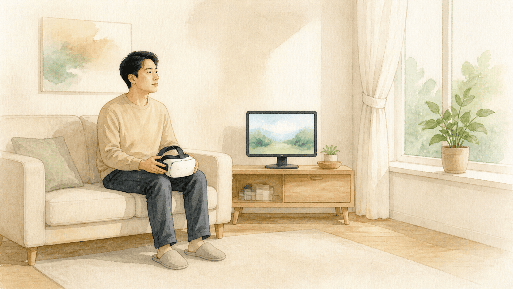 VR 사용을 멈추고 헤드셋을 벗어 쉬는 성인 그림