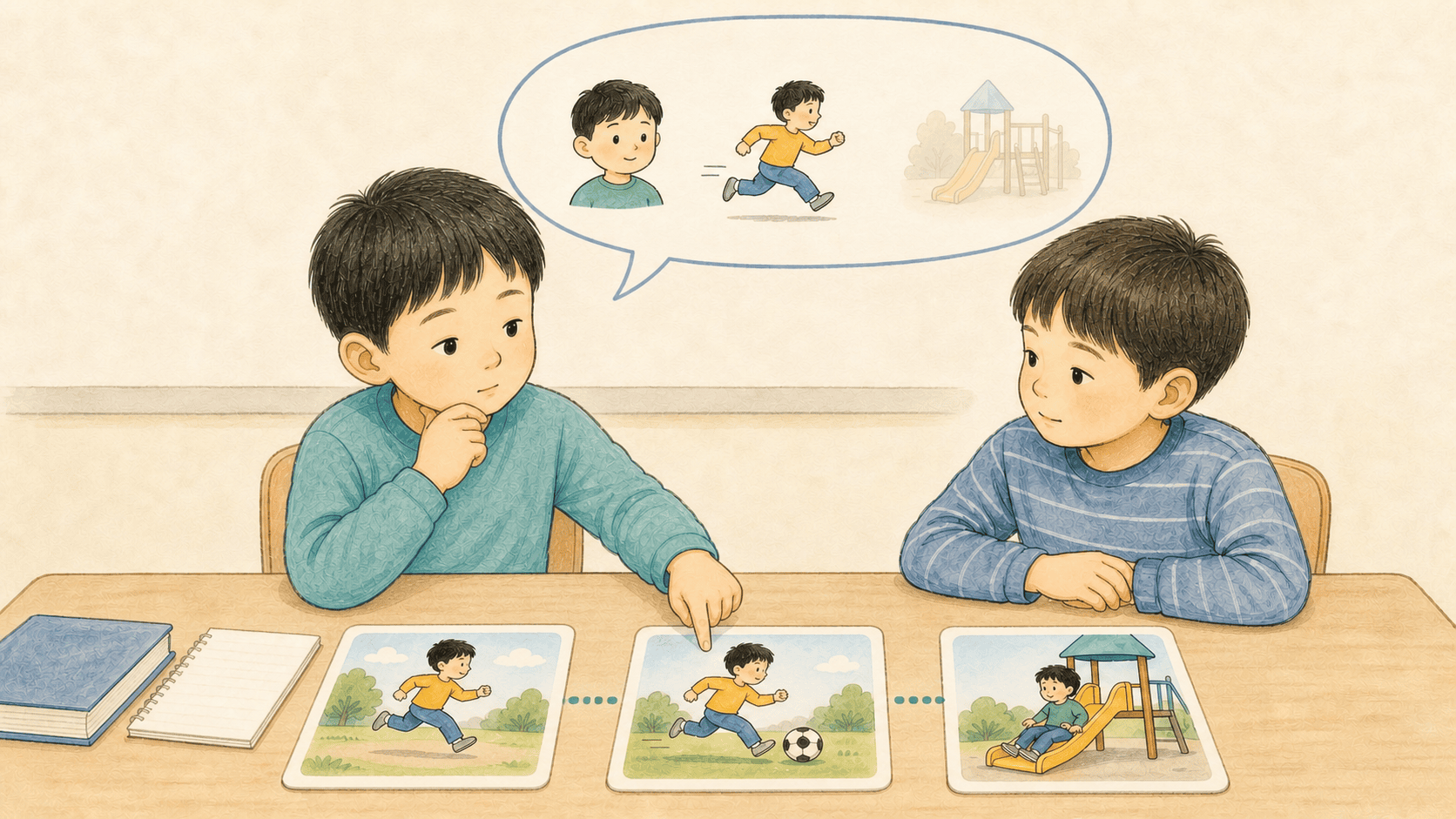 교실에서 또래와 그림 순서 카드를 보며 다음 이야기를 생각하는 학령기 아이의 2D 의료 일러스트