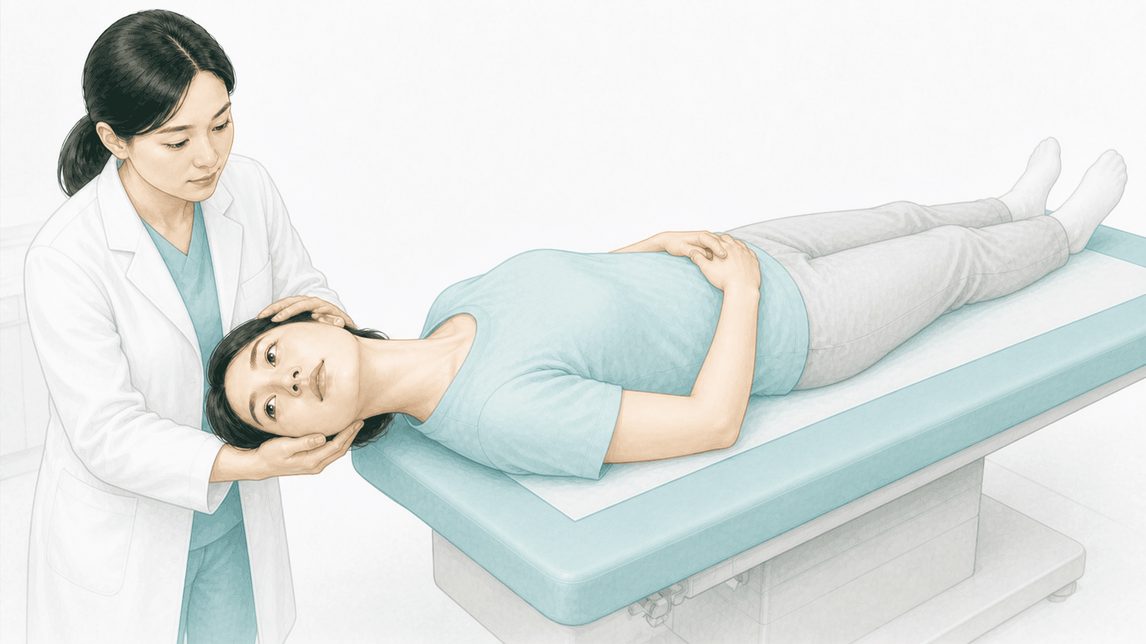 검사자가 환자의 머리와 목을 받쳐 고개를 돌리고 눕힌 딕스 홀파이크 검사 자세 일러스트