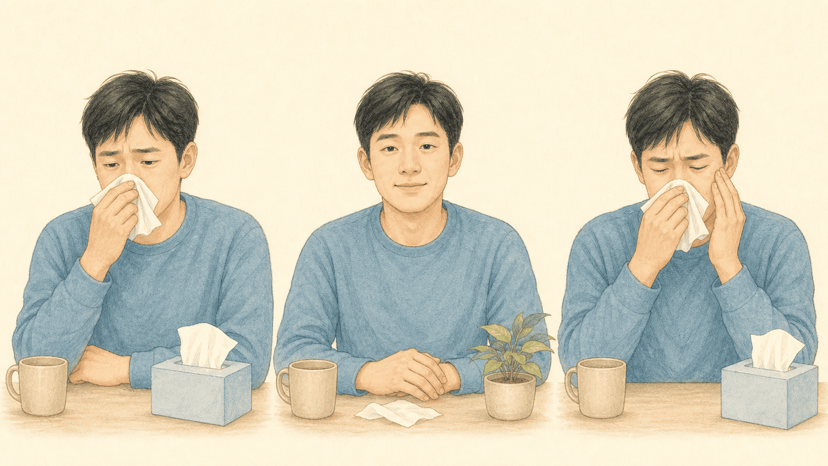 감기 증상이 좋아졌다가 콧물과 얼굴 불편감이 다시 심해지는 모습