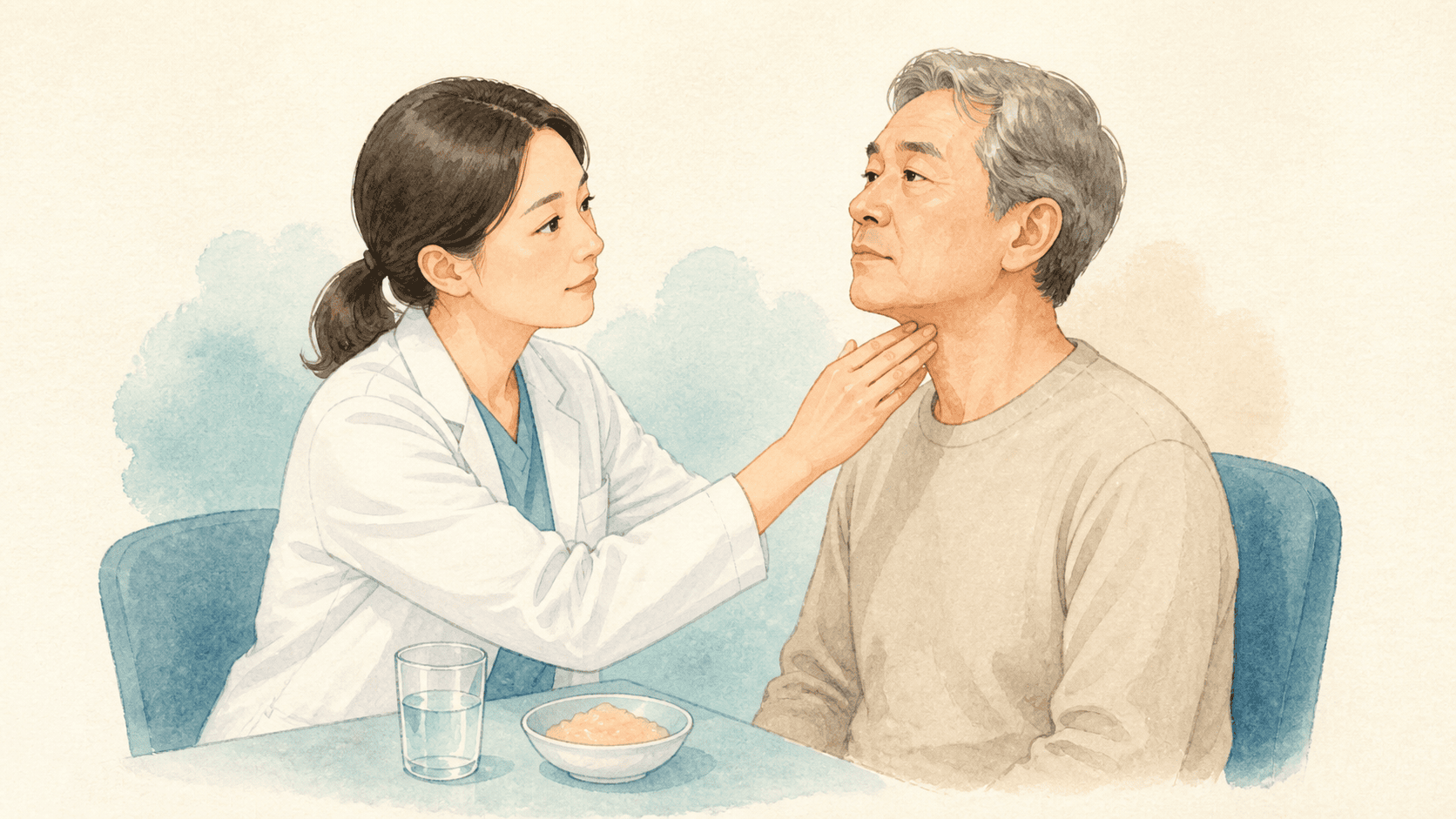의료인이 앉은 성인의 자세와 표정을 살피는 연하 선별 장면