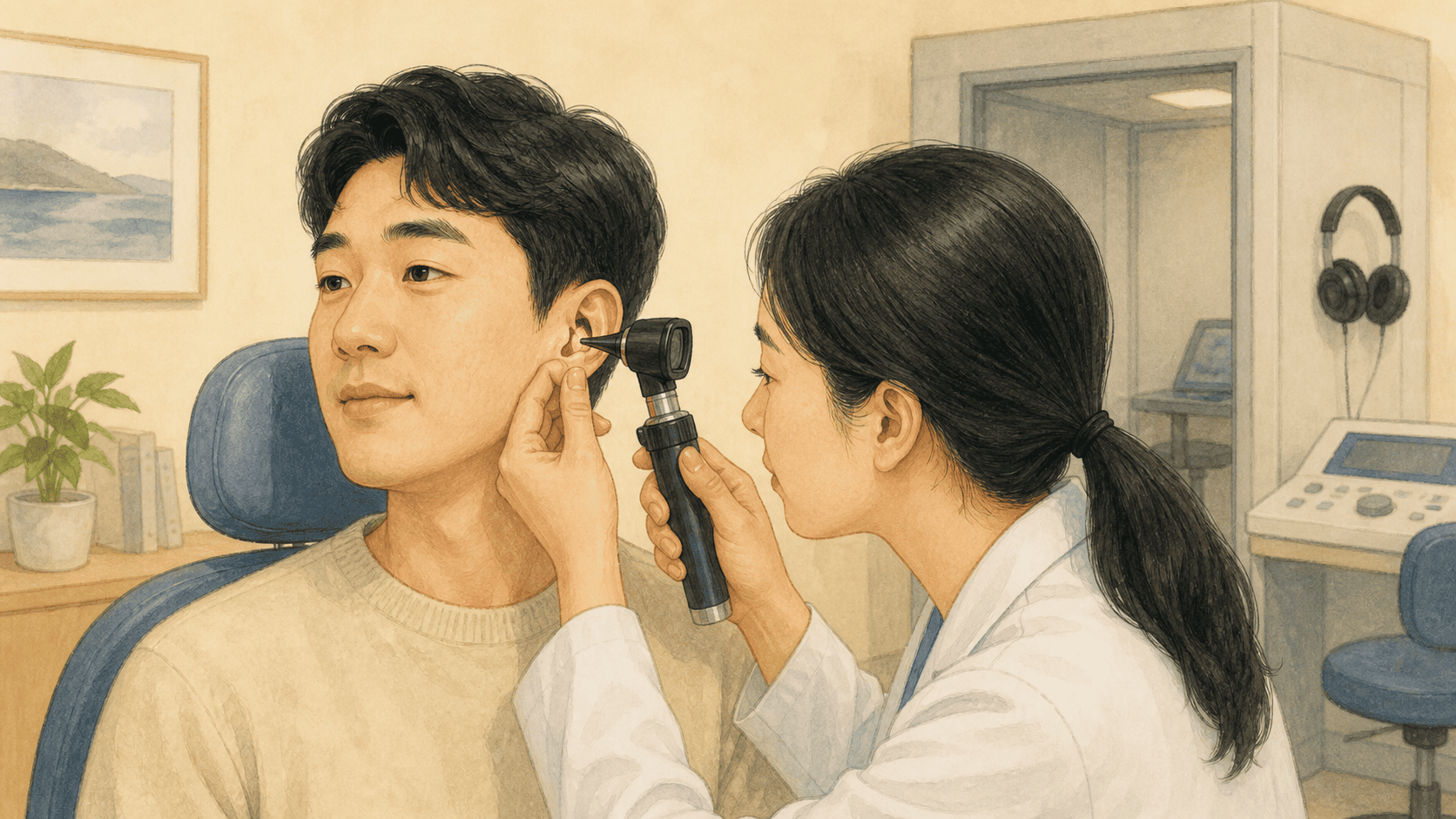 압력 노출 뒤 이경으로 고막을 확인하는 귀 진료 일러스트