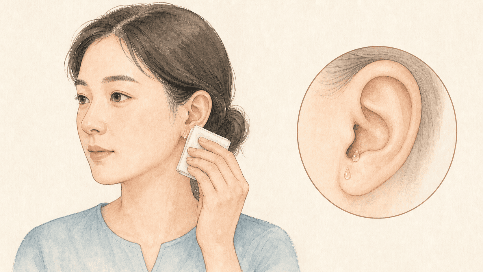 귀 분비물을 확인하는 성인과 외이도 그림