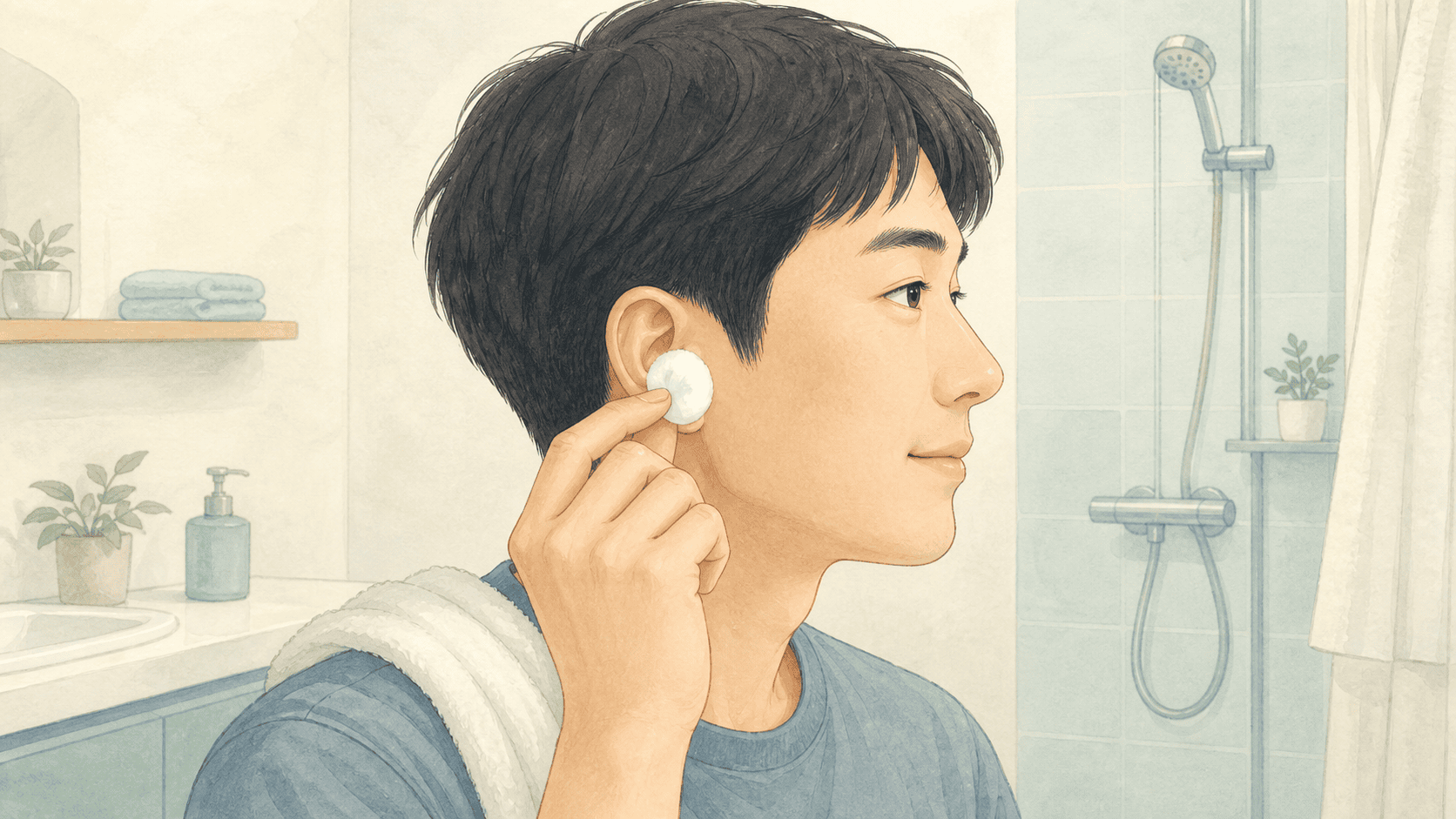 샤워 전 큰 솜을 귀 입구에 가볍게 대어 물을 막는 2D 일러스트