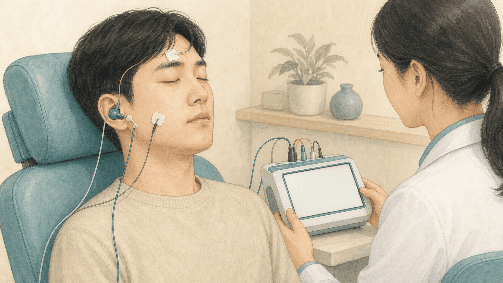 귀에 소리 자극을 주며 달팽이관과 청각신경의 전기 반응을 기록하는 검사