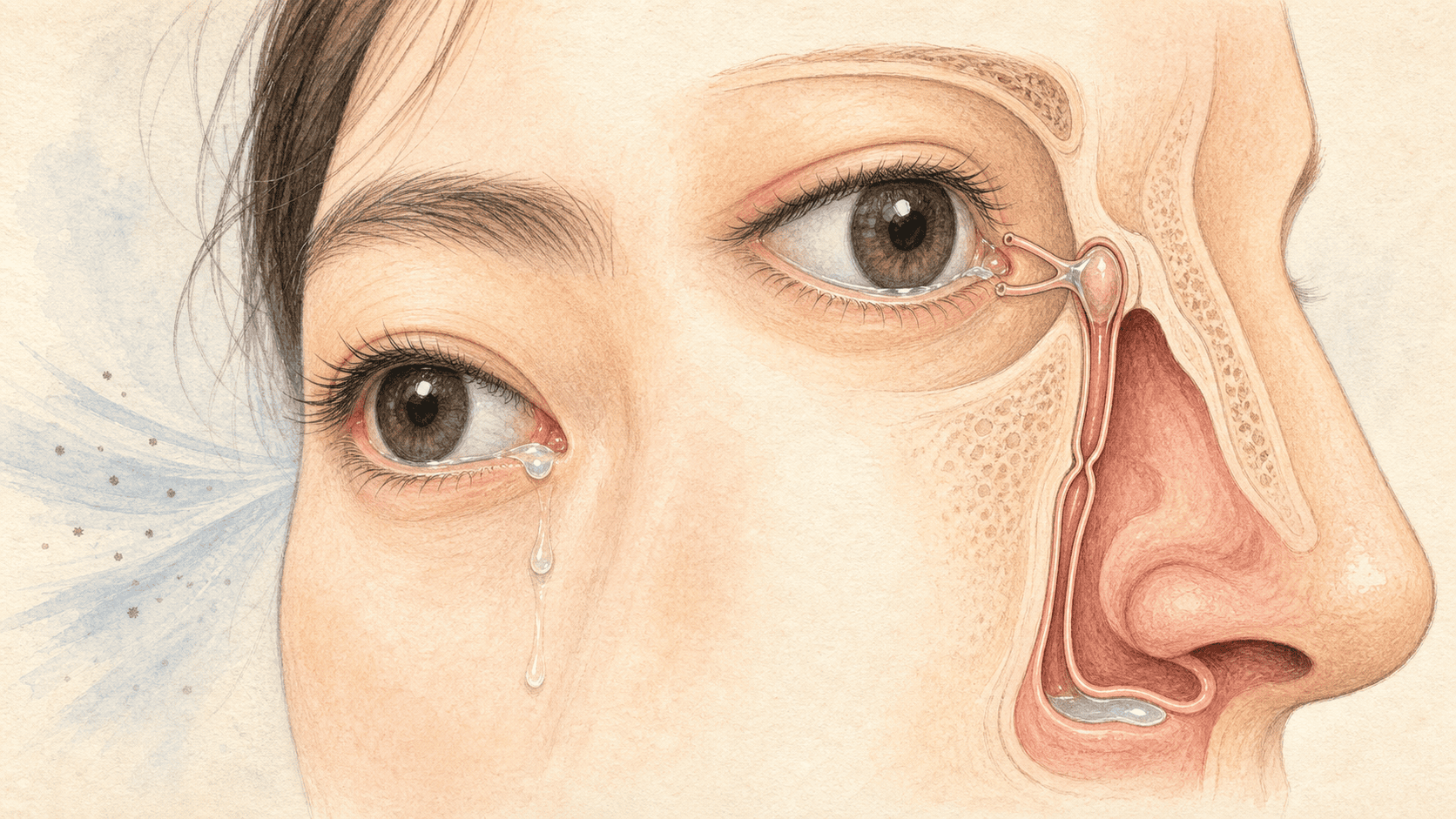 눈물 생성 증가와 눈물길 막힘을 비교한 유루 그림