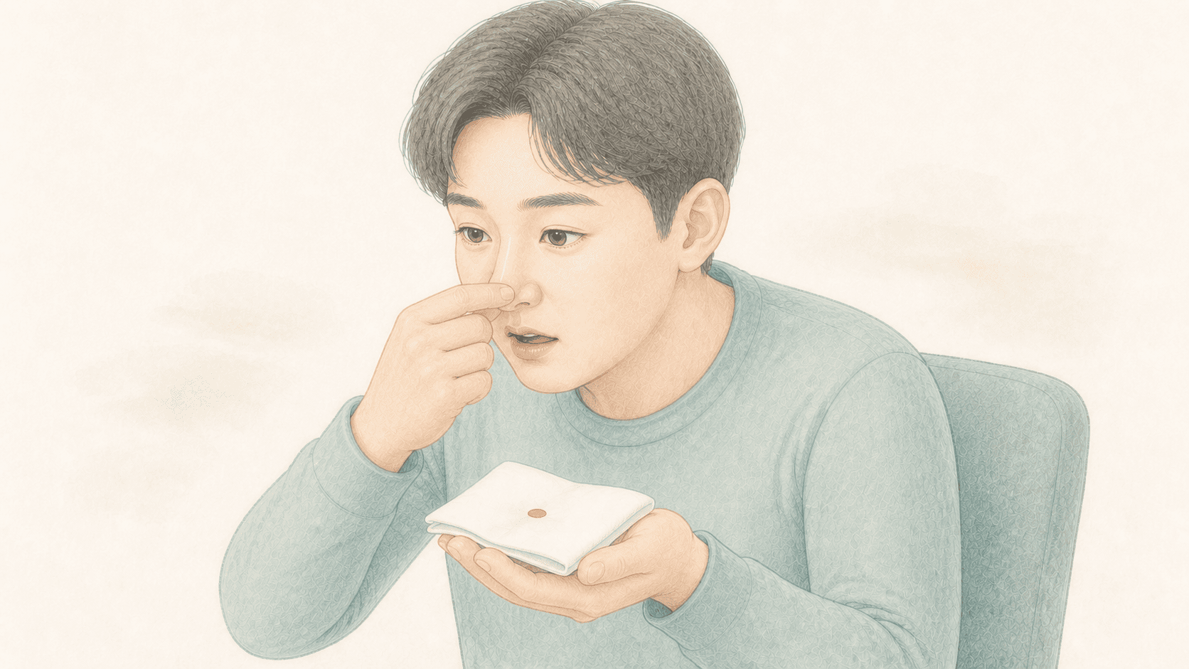 상체와 고개를 앞으로 기울이고 코의 말랑한 부분을 눌러 지혈하는 사람