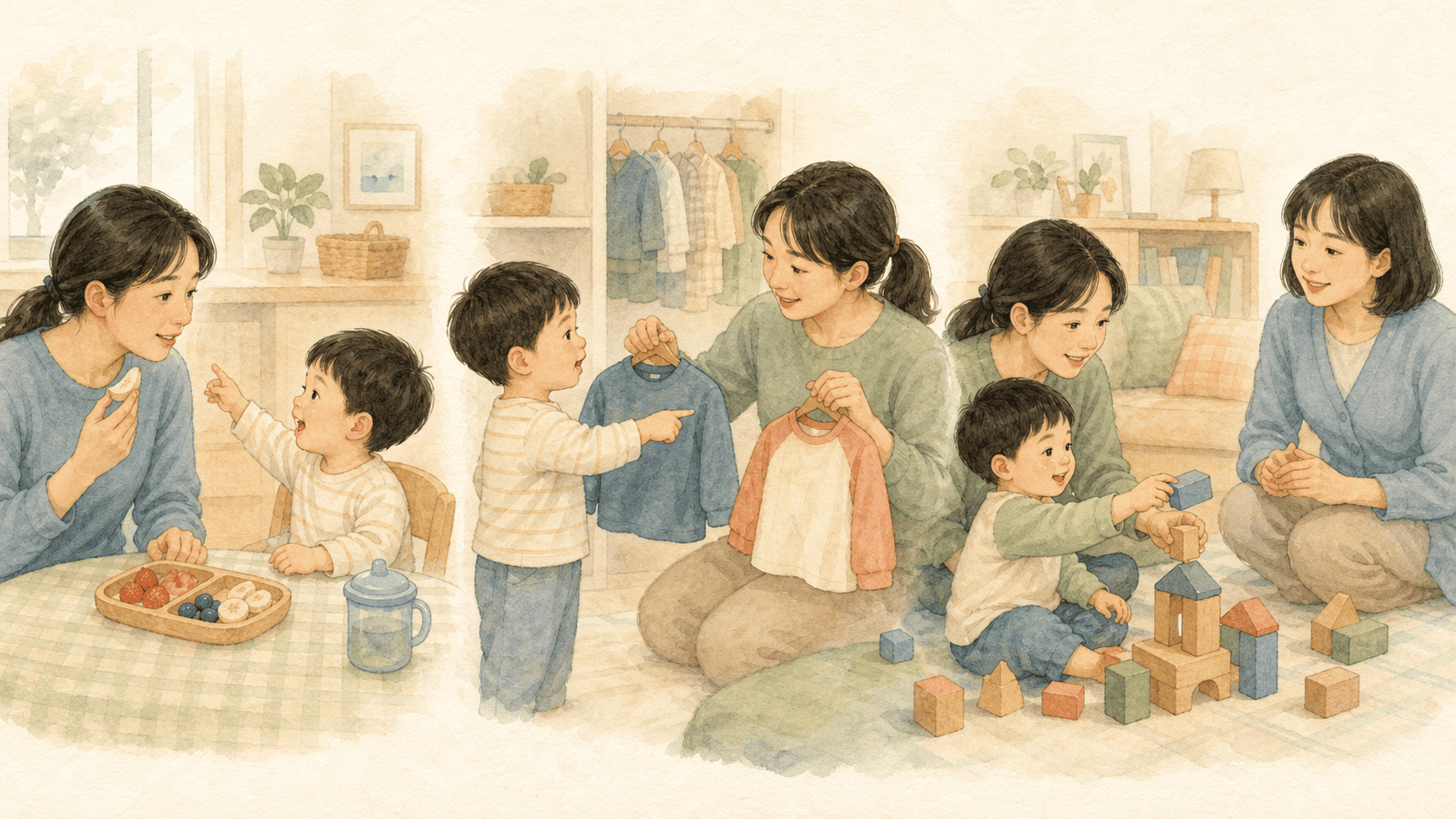 간식, 옷 고르기와 블록 놀이에서 의사소통 기회를 만드는 모습