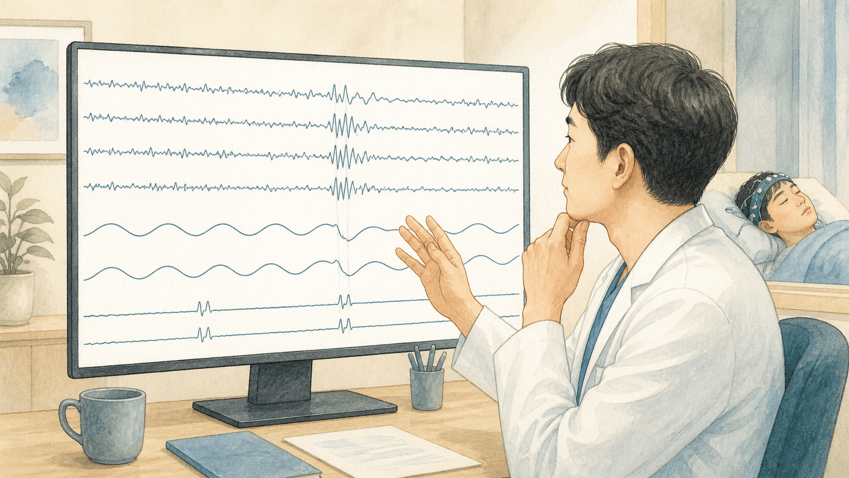 수면전문가가 뇌파의 짧은 변화와 호흡 및 다리 움직임 기록 여러 줄을 함께 보는 2D 일러스트