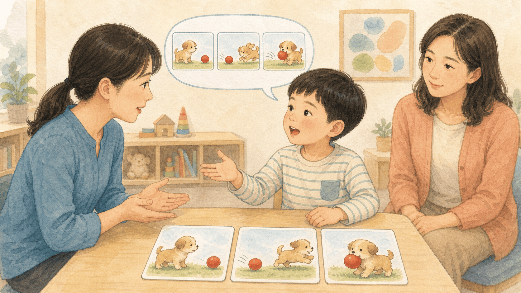 강아지 그림 순서를 보며 이야기를 말하는 아이
