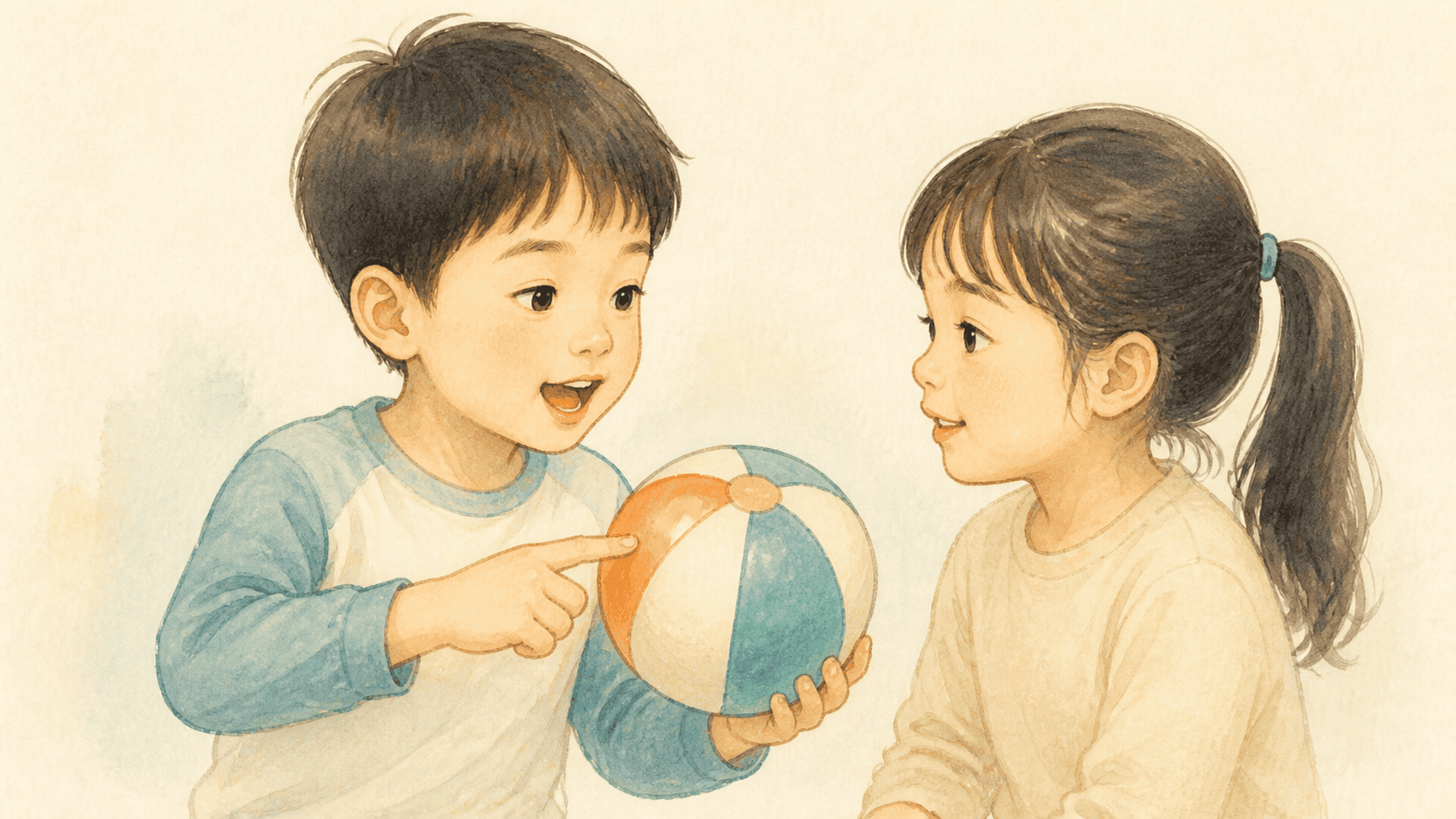 아이가 공을 잃어버린 생각을 또래에게 낱말과 문장으로 설명하려는 그림