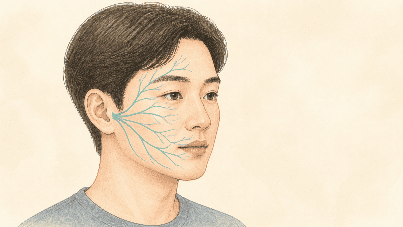 귀 뒤에서 이마와 눈, 입 주변으로 갈라지는 안면신경 가지 개념도