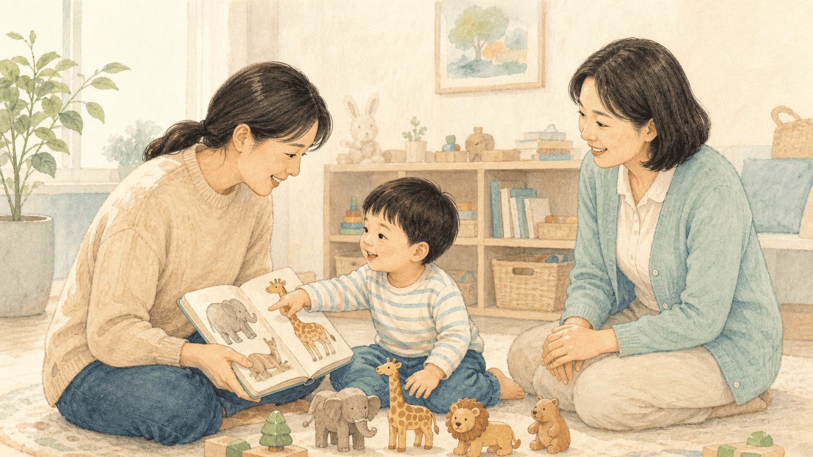 부모와 치료사가 놀이 속 소통을 돕는 조기중재 그림