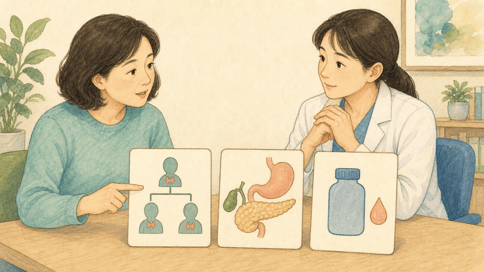 가족력과 갑상선, 복부 장기와 복용약을 확인하는 상담 그림