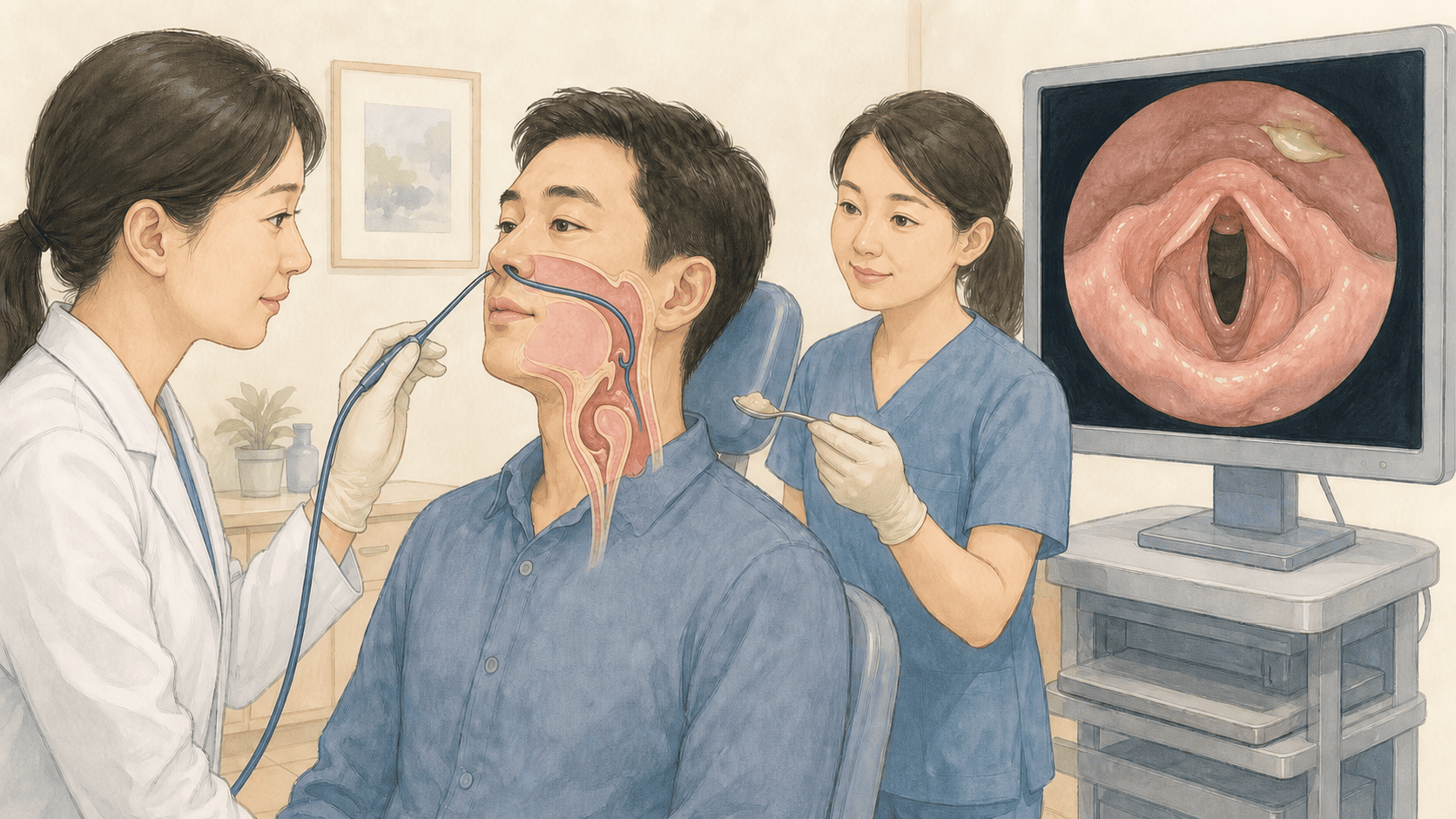 코로 넣은 내시경으로 삼킴을 보는 검사