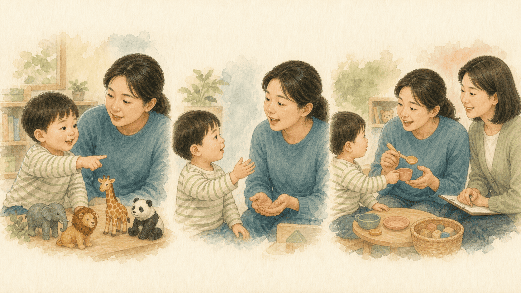 아이의 관심을 따르고 기다린 뒤 말과 행동을 조금 보태는 보호자 전략