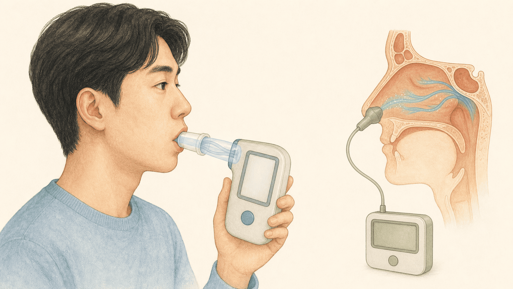 입으로 숨을 내쉬어 FeNO를 측정하는 검사 그림
