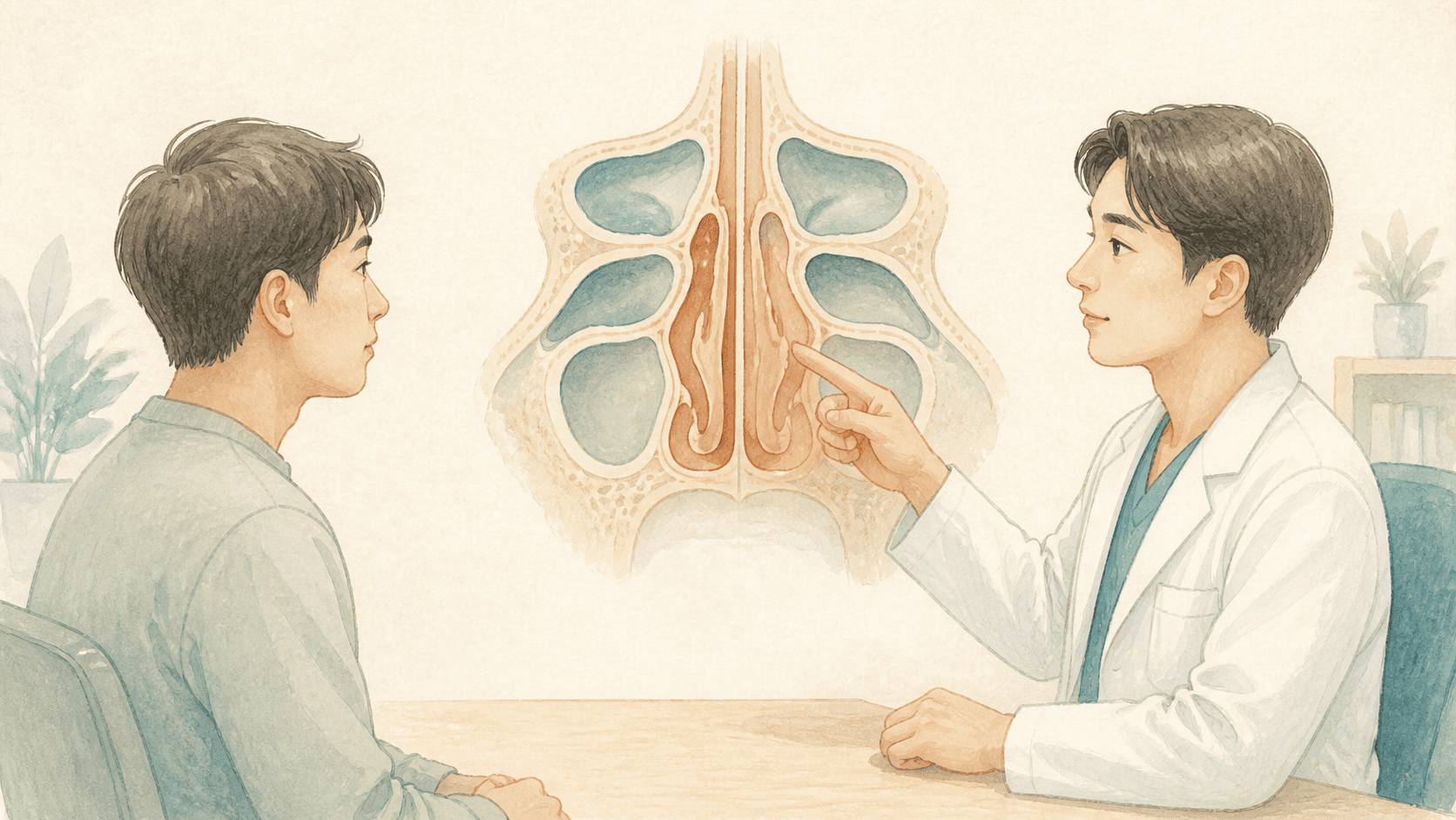 환자와 의료진이 단순한 코와 부비동 그림을 보며 수술 여부를 상담하는 모습